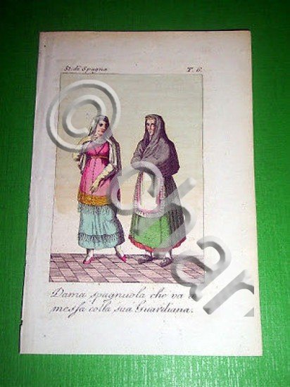 Stampa Incisione acquerellata - Dama spagnola con la sua Guardiana …