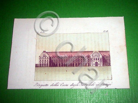 Stampa Incisione acquerellata - Prospetto Casa degli Invalidi Parigi - …
