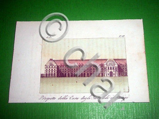 Stampa Incisione acquerellata - Prospetto Casa degli Invalidi Parigi - …