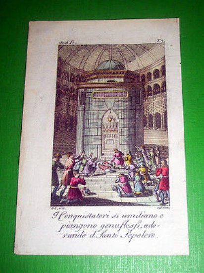 Stampa Incisione acquerellata I Conquistatori davanti al Sacro Sepolcro 1800 …