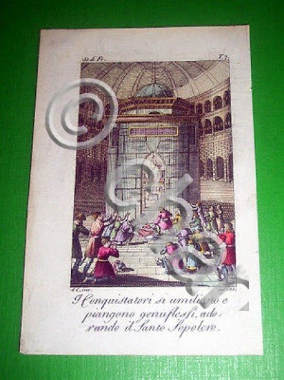 Stampa Incisione acquerellata I Conquistatori davanti al Sacro Sepolcro 1800 …