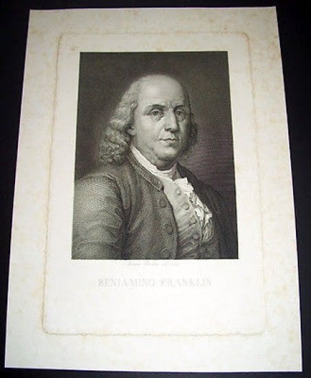 Stampa Incisione d' epoca Ritratto di Benjamin Franklin / Incisore …