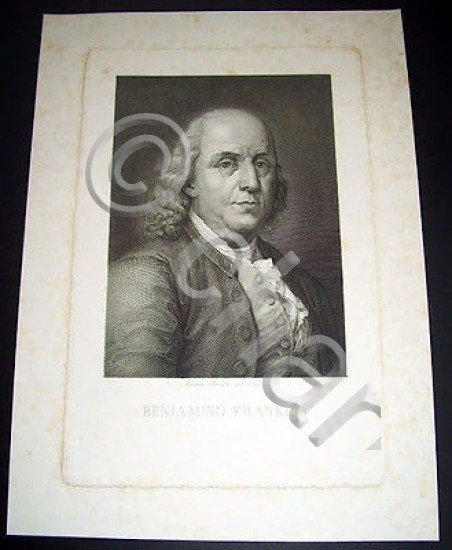 Stampa Incisione d' epoca Ritratto di Benjamin Franklin / Incisore …