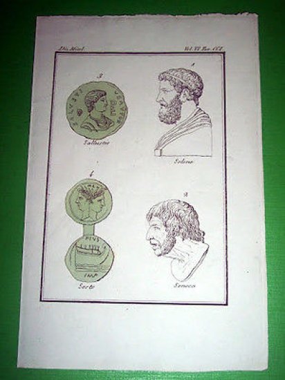 Stampa Incisione Storia e Mitologia - Seneca , Solone , Sallustio , Sesto - 1700