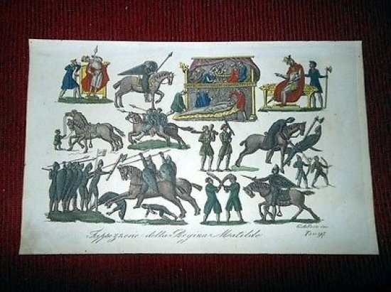 Stampa Storia Francia - Tappezzeria della Regina Matilde - incisore Sasso 1800ca