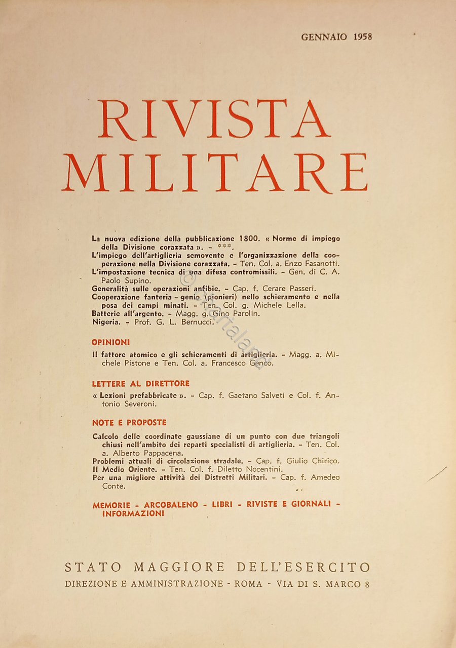 Stato Maggiore dell'Esercito - Rivista Militare - Gennaio 1958