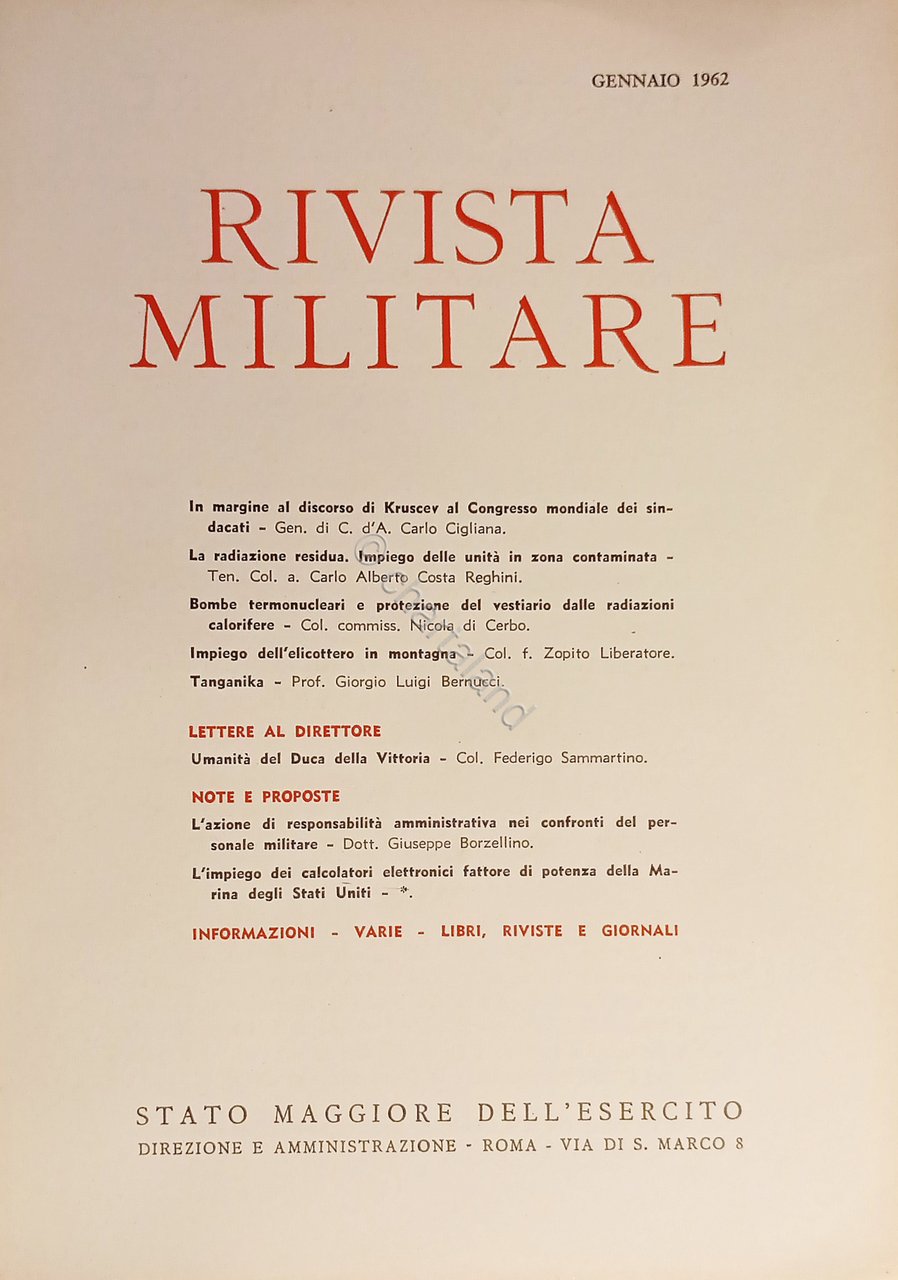 Stato Maggiore dell'Esercito - Rivista Militare - Gennaio 1962