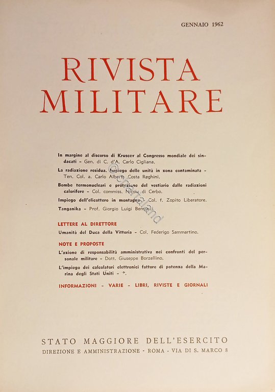 Stato Maggiore dell'Esercito - Rivista Militare - Gennaio 1962