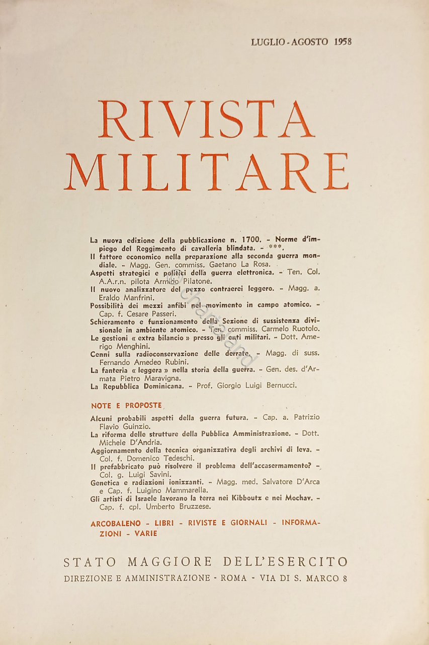 Stato Maggiore dell'Esercito - Rivista Militare - Luglio-Agosto 1958