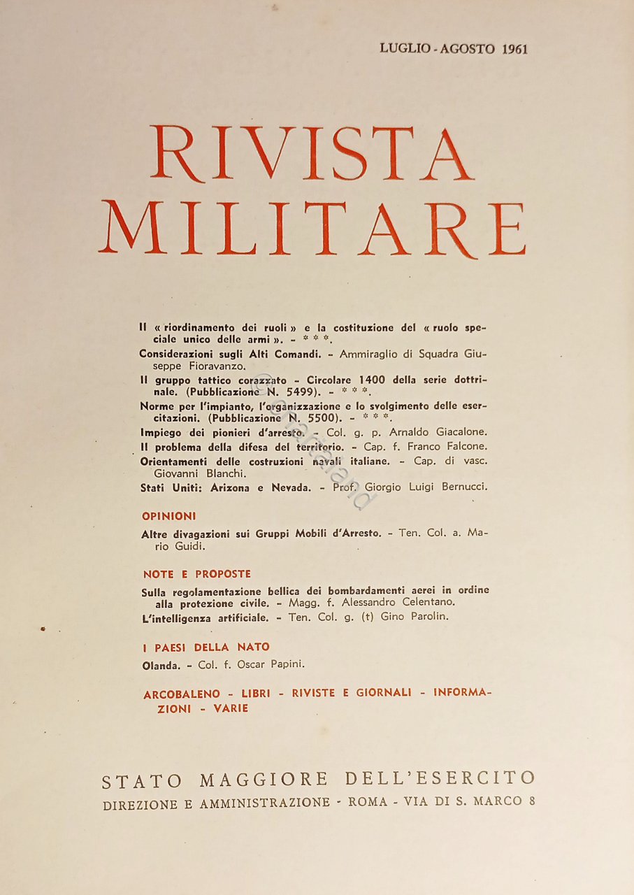 Stato Maggiore dell'Esercito - Rivista Militare - Luglio-Agosto 1961