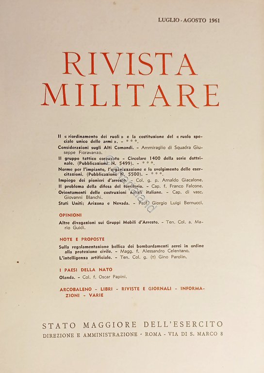 Stato Maggiore dell'Esercito - Rivista Militare - Luglio-Agosto 1961