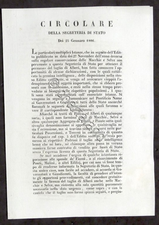 Stato Pontificio - Circolare Segreteria di Stato disposizioni taglio alberi …