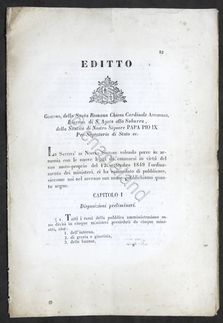 Stato Pontificio - Editto Ordinamento Ministeri - Roma 1850