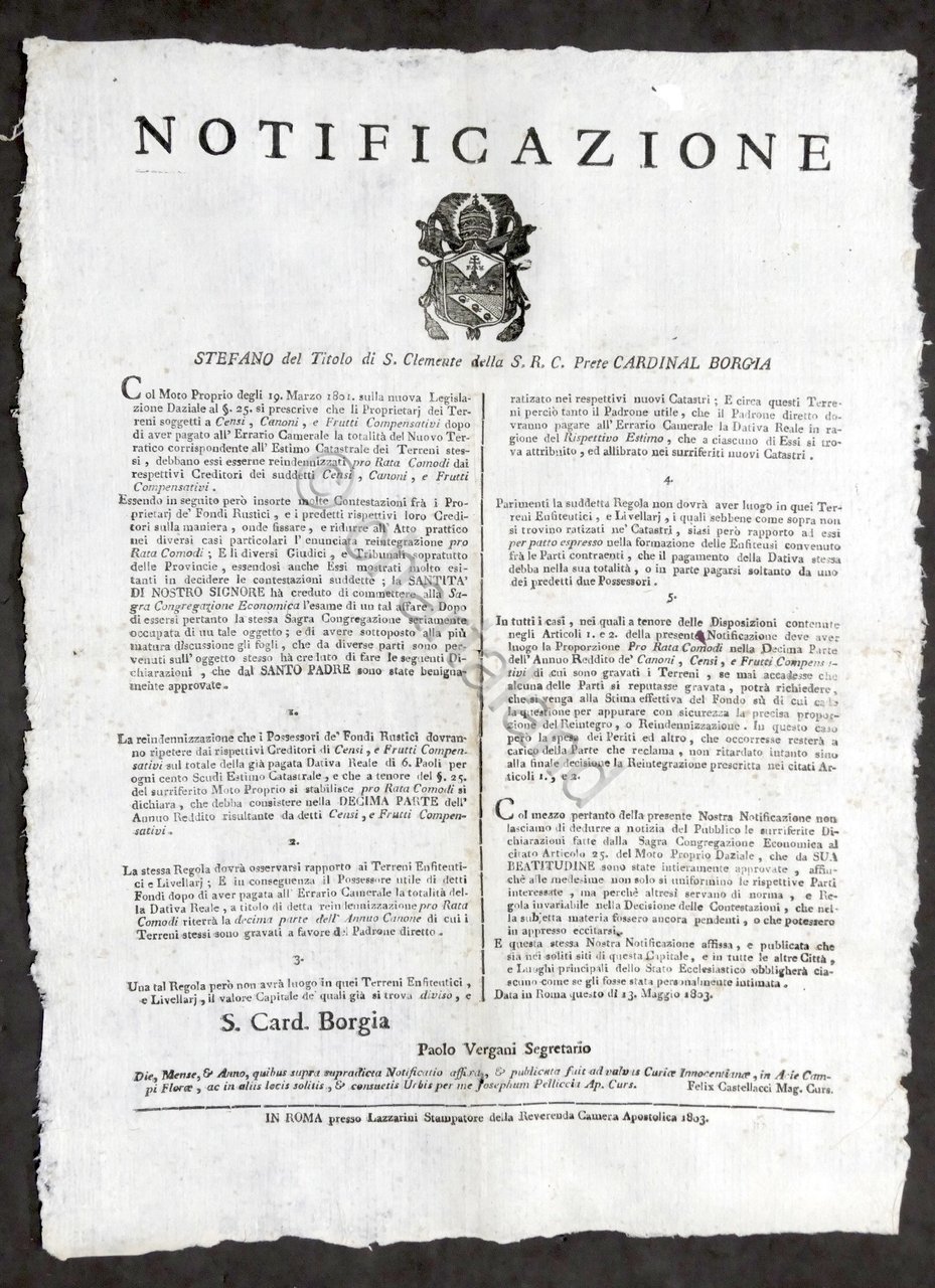 Stato Pontificio Notificazione Legislazione Daziale Proprietari Terrieri - 1803