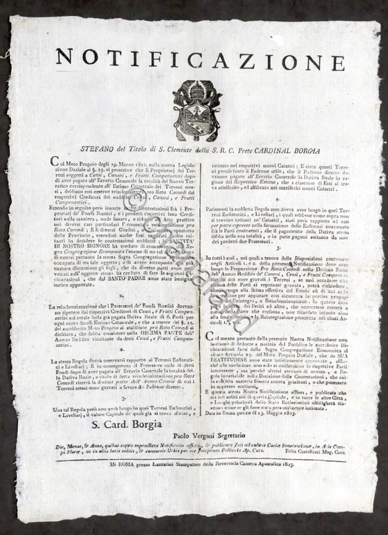 Stato Pontificio Notificazione Legislazione Daziale Proprietari Terrieri - 1803