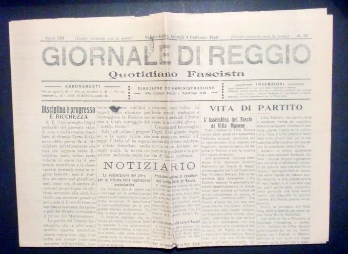 Storia Locale - Giornale di Reggio - Quotidiano - Anno XIII N°28 - 1926