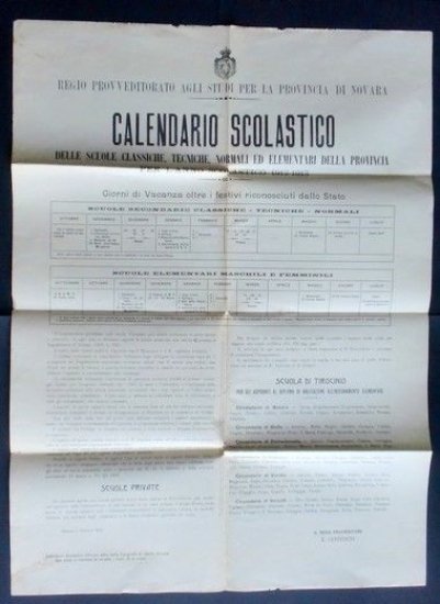 Storia Locale - Novara - Calendario Scolastico Anno 1912/1913