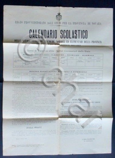 Storia Locale - Novara - Calendario Scolastico Anno 1912/1913