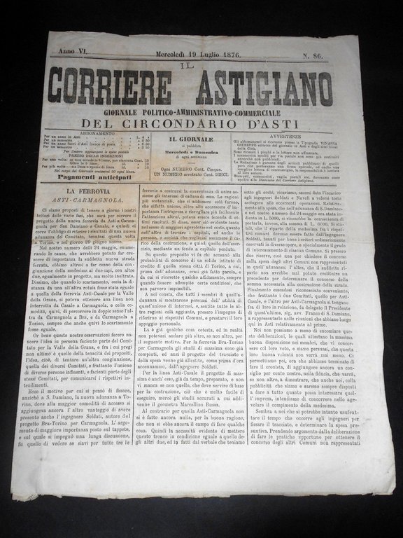 Storia Locale Asti - Giornale Il Corriere Astigiano - n. 86 del luglio 1876