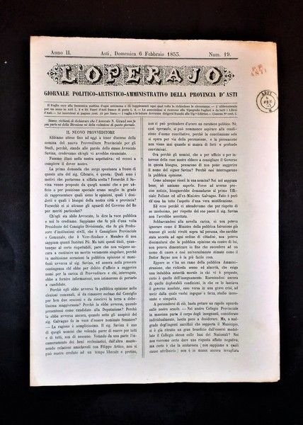 Asti - Giornale L'Operajo (operaio) - N° 19 - Anno …