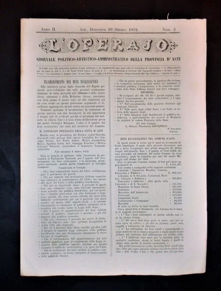 Asti - Giornale L'Operajo (operaio) - N° 2 - Anno II - 10 Ottobre 1852