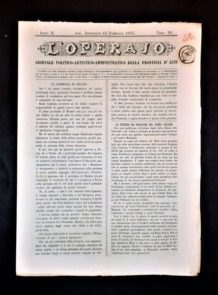 Asti - Giornale L'Operajo (operaio) - N° 20 - Anno II - 13 Febbraio 1853