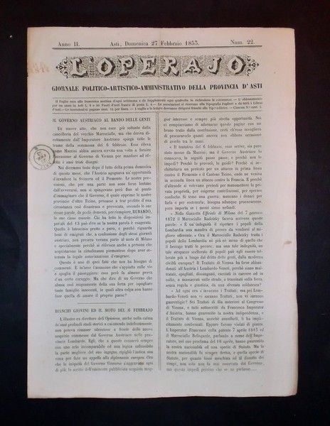 Asti - Giornale L'Operajo (operaio) - N° 22 - Anno II - 27 Febbraio 1853