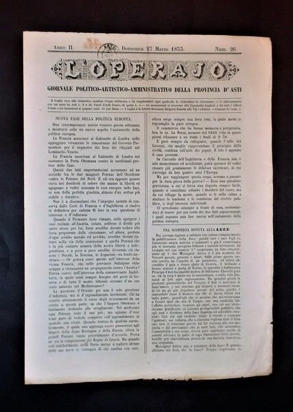 Asti - Giornale L'Operajo (operaio) - N° 26 - Anno II - 27 Marzo 1853