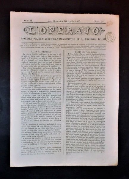 Asti - Giornale L'Operajo (operaio) - N° 28 - Anno II - 10 Aprile 1853
