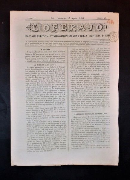 Asti - Giornale L'Operajo (operaio) - N° 29 - Anno …
