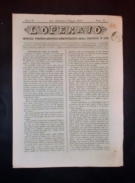 Asti - Giornale L'Operajo (operaio) - N° 31 - Anno …