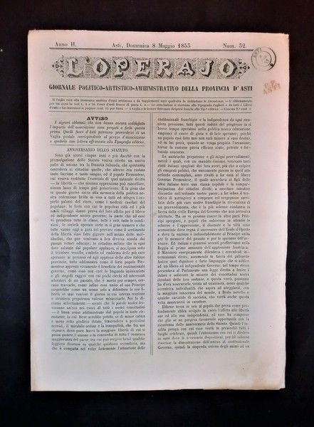 Asti - Giornale L'Operajo (operaio) - N° 32 - Anno …
