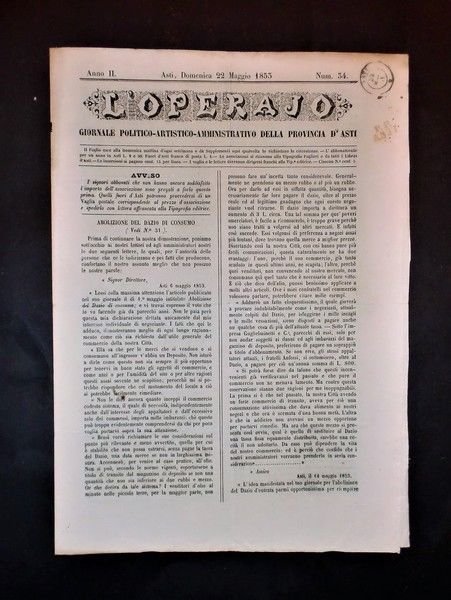 Asti - Giornale L'Operajo (operaio) - N° 34 - Anno II - 22 Maggio 1853