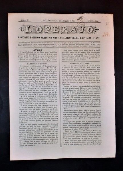 Asti - Giornale L'Operajo (operaio) - N° 35 - Anno II - 29 Maggio 1853