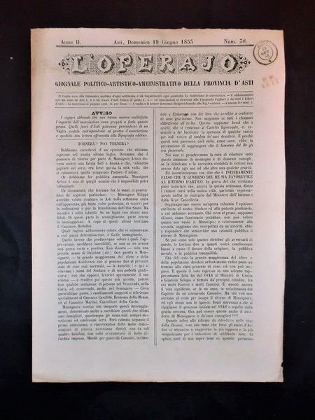 Asti - Giornale L'Operajo (operaio) - N° 38 - Anno II - 19 Giugno 1853