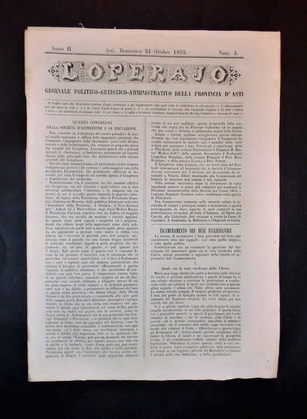 Asti - Giornale L'Operajo (operaio) - N° 4 - Anno II - 24 Ottobre 1852