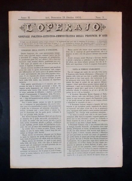 Asti - Giornale L'Operajo (operaio) - N° 5 - Anno …