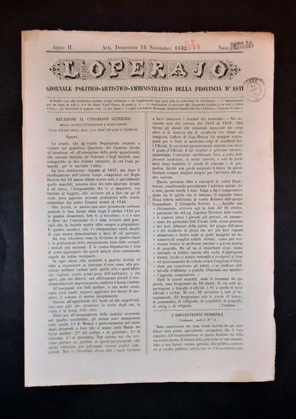 Asti - Giornale L'Operajo (operaio) - N° 7 - Anno …