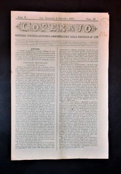 Asti - Giornale L'Operajo (operaio) - N° 49 - Anno …