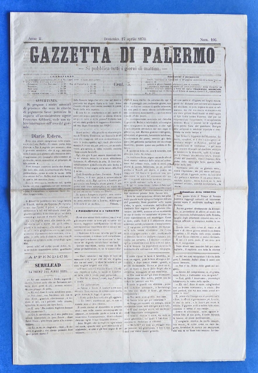 Storia Sicilia - Gazzetta di Palermo - Anno II - … | Immagine principale