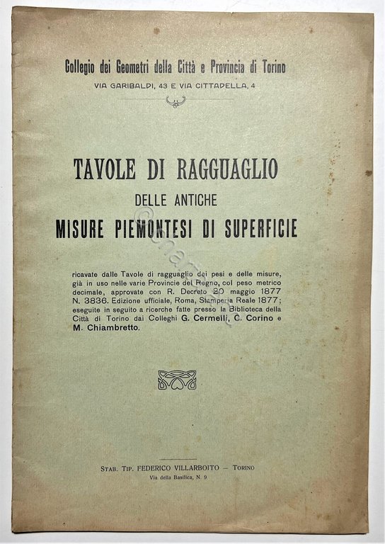 Tavole di Ragguaglio delle Antiche Misure Piemontesi di Superfici - …