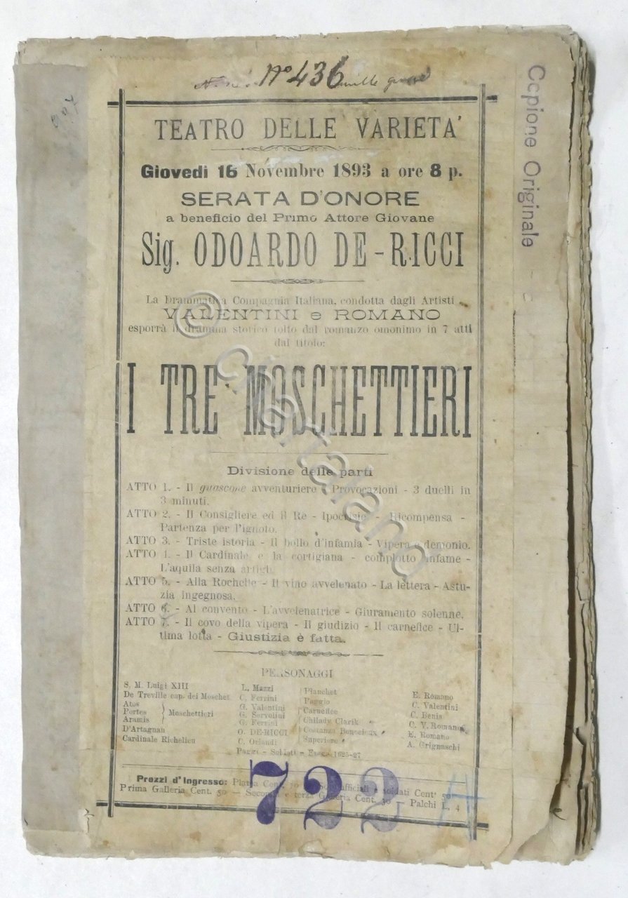 Teatro - Copione originale manoscritto dramma storico I Tre Moschettieri …