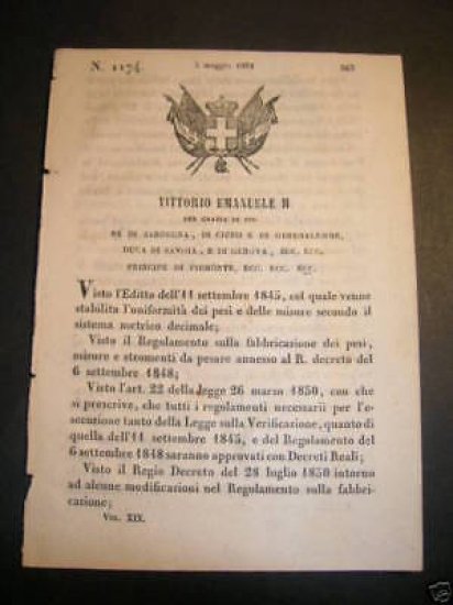 Tecnica Decreto Regolamento Pesi Misure Sardegna 1851