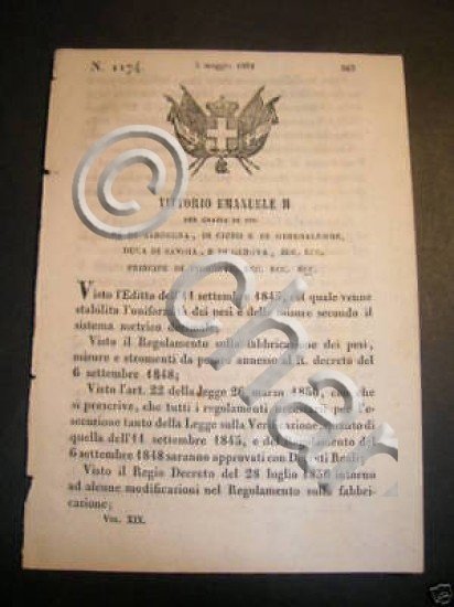 Tecnica Decreto Regolamento Pesi Misure Sardegna 1851