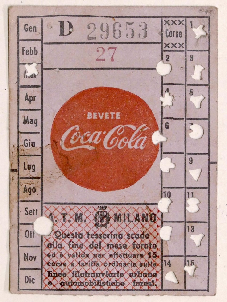 Tessera ATM Milano - 1960 ca. / Pubblicità Coca Cola