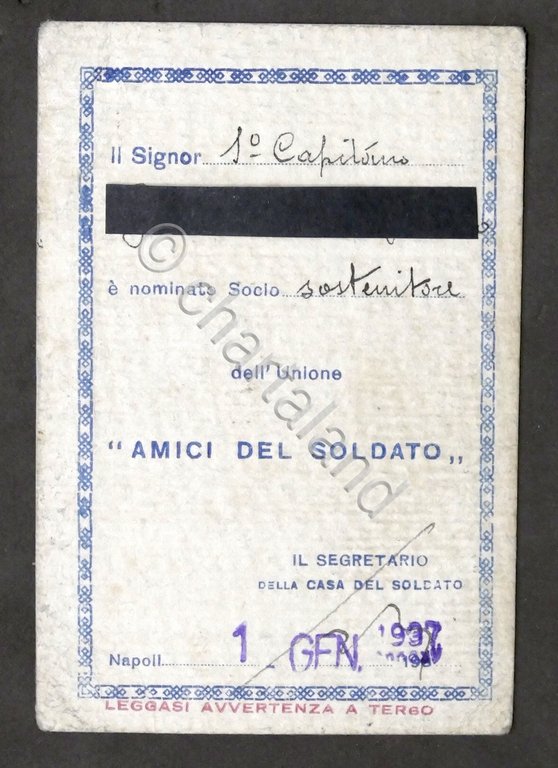 Tessera socio sostenitore Unione Amici del Soldato - Napoli - …