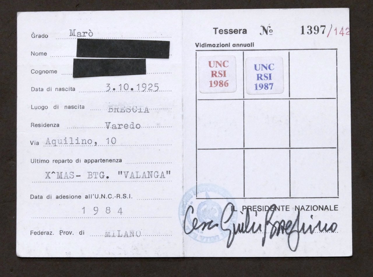 Tessera Unione Nazionale Combattenti Repubblica Sociale Italiana - ex Marò … | Immagine principale