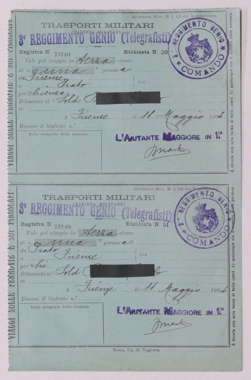 Trasporti Militari - Biglietto terza classe A/R Firenze - Prato …