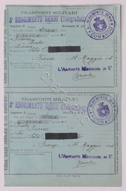 Trasporti Militari - Biglietto terza classe A/R Firenze - Prato …