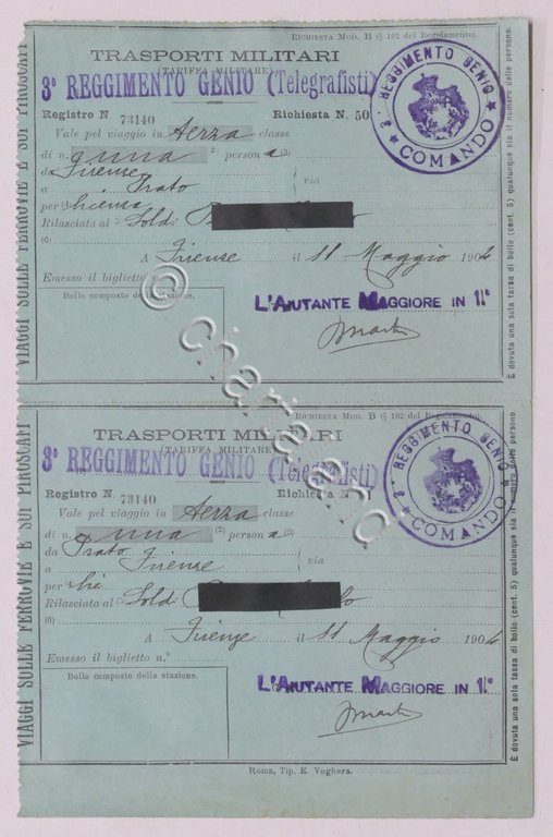 Trasporti Militari - Biglietto terza classe A/R Firenze - Prato …